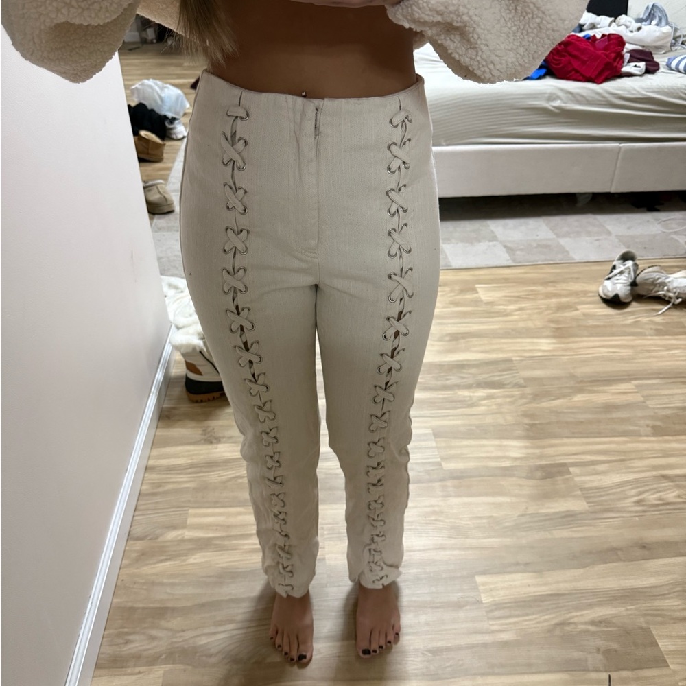 Vici Ivory Lace-Up Skinny Pants